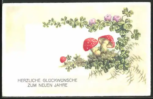 Künstler-AK Neujahrsgruss, Klee, Fliegenpilze