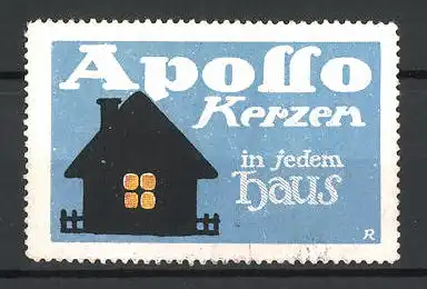 Künstler-Reklamemarke Apollo Kerzen in jedem Haus, Ansicht eines beleuchteten Hauses