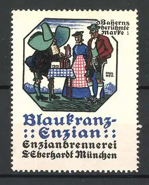 Künstler-Reklamemarke Paul Neu, Blaukranz-Enzian / Hochalmgold, Enzianbrennerei L. Eberhardt