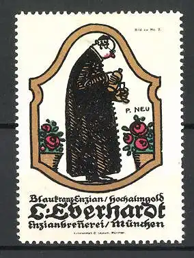 Künstler-Reklamemarke Paul Neu, Blaukranz-Enzian / Hochalmgold, Enzianbrennerei L. Eberhardt, Bild 2