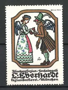 Künstler-Reklamemarke Paul Neu, Blaukranz-Enzian / Hochalmgold, Enzianbrennerei L. Eberhardt, Bild 6