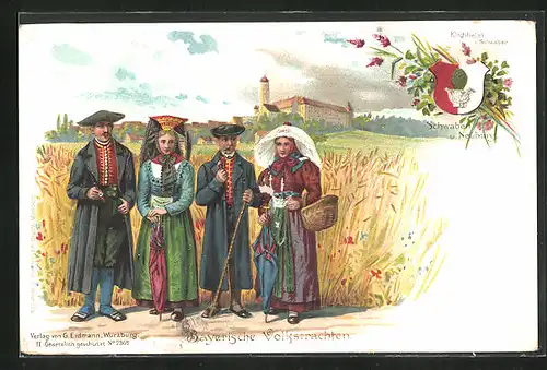 Lithographie Bayerische Volkstrachten, Gruppe mit Männern und Frauen am Weizenfeld