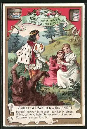 Sammelbild Liebig`s Fleisch-Extract und -Pepton, Schneeweisschen und Rosenrot mit Prinz und Bär