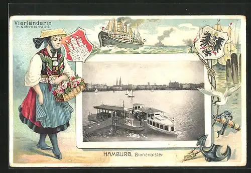 Passepartout-Lithographie Hamburg, Binnenalster, Vierländerin in Nationaltracht