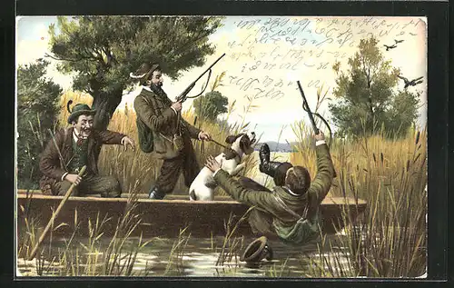 AK Jäger mit Gewehren und Hund auf einem Boot