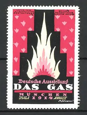 Künstler-Reklamemarke M. Schwarzer, München, Deutsche Ausstellung Das Gas 1914, lodernde Flamme