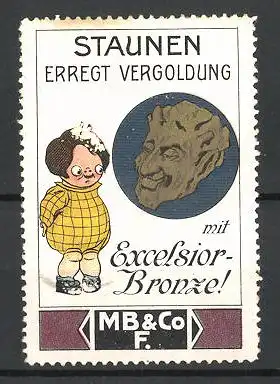 Reklamemarke Excelsior-Bronze erregt Erstaunen nach der Vergoldung, Mädchen blickt auf eine goldene Büste