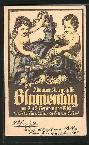 Künstler-AK Hamburg-Altona, Blumentag der Kriegshilfe am 2. und 3.9.1916, Putten an blumengeschmückter Pickelhaube