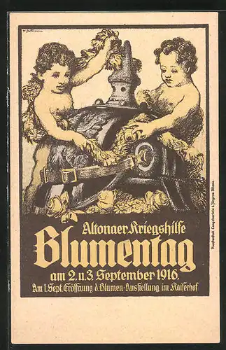 Künstler-AK Hamburg-Altona, Blumentag der Kriegshilfe am 2. und 3.9.1916, Putten an blumengeschmückter Pickelhaube