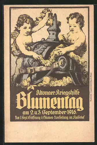 Künstler-AK Hamburg-Altona, Blumentag der Kriegshilfe am 2. und 3. Sept. 1916, Putten an blumengeschmückter Pickelhaube