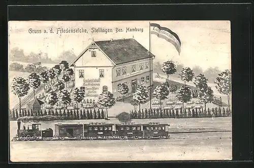 Künstler-AK Hamburg-Stellingen, Gasthaus Zur Friedenseiche mit Eisenbahn