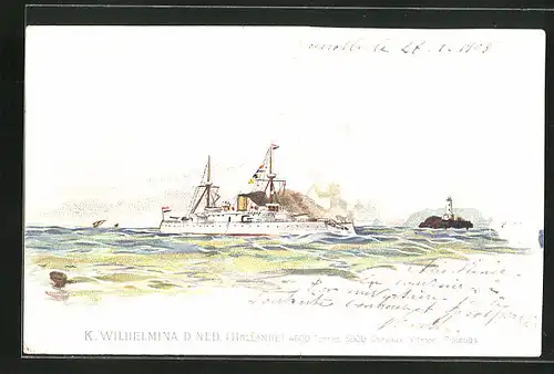 Lithographie Kriegsschiff K. Wilhelmina D. Ned