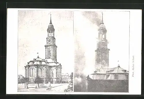 AK Hamburg-Neustadt, Grosse Michaeliskirche vor und während des Brandes 1906