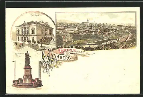 Lithographie Annaberg i. Erzg., Teilansicht, Stadttheater, Barbara Ottmann Denkamal