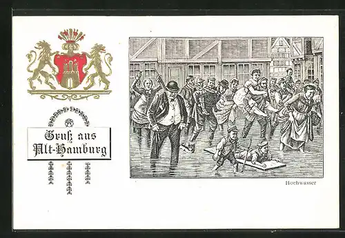 Künstler-Präge-AK Alt-Hamburg, Hochwasser, Stadtwappen