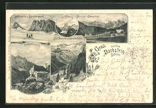 Lithographie Dachsteingebirge, Berghütte, Gosauthal mit Donnerkogel, Grobgesteinhütte