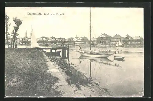 AK Travemünde a. d. Ostsee, Partie am Priwall, Segelschiffe unterwegs, Blick zur Stadt