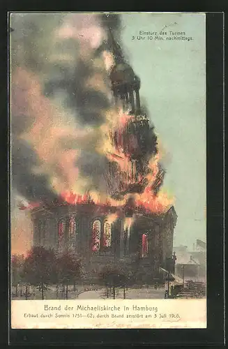 AK Hamburg-Neustadt, Brand der Michaeliskirche, Erbaut 1751-62, Durch Brand zerstört 1906, Einsturz des Turmes