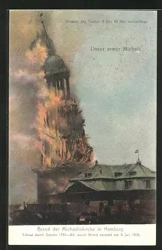 AK Hamburg-Neustadt, Brand der Michaeliskirche, Erbaut 1751-62, Durch Brand zerstört 1906, Einsturz des Turmes