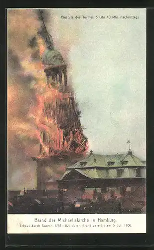 AK Hamburg-Neustadt, Brand der Michaeliskirche, Erbaut 1751-62, Durch Brand zerstört 1906, Einsturz des Turmes