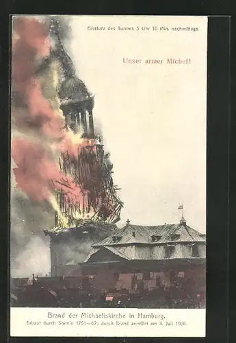 AK Hamburg-Neustadt, Brand der Michaeliskirche, Erbaut 1751-62, Durch Brand zerstört 1906, Einsturz des Turmes