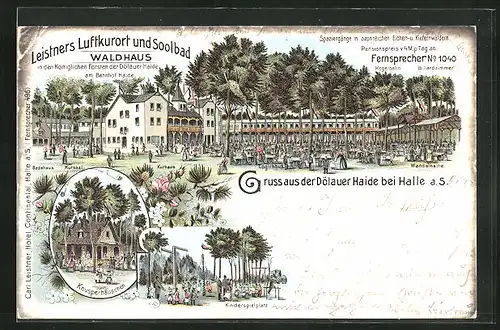 Lithographie Halle-Dölau, Restaurant Leistners Waldhaus, Dölauer Haide, Knusperhäuschen, Kinderspielplatz