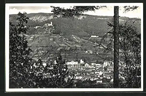 AK Bad Blankenburg im Thüringer Wald, Talblick mit Burg Greifenstein und Waldhaus Tanneck