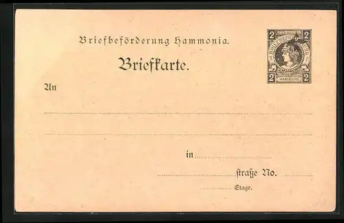 AK Briefkarte Briefbeförderung Hammonia, Private Stadtpost Hamburg, 2 Pfg.