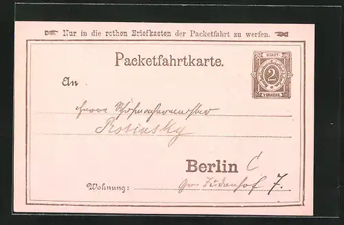 AK Packetfahrtkarte, Private Stadtpost Berlin, 2 Pfg.