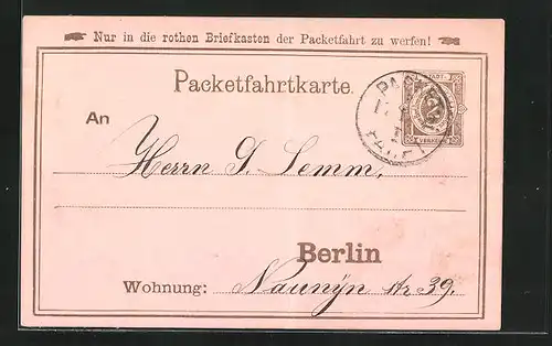 AK Packetfahrtkarte, Private Stadtpost Berlin, 2 Pfg.