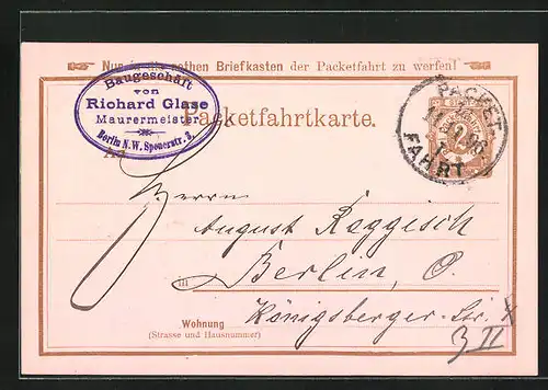 AK Packetfahrtkarte, Private Stadtpost Berlin, 2 Pfg., Stempel Baugeschäft R. Glase, Berlin