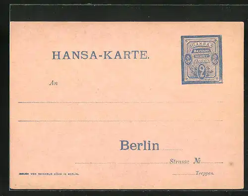 AK Hansa-Karte Private Stadtpost Berlin, 2 Pf.