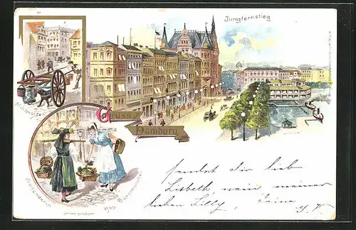 Lithographie Hamburg-Neustadt, Jungfernstieg mit Alster, Milchkarren, Vierländerin