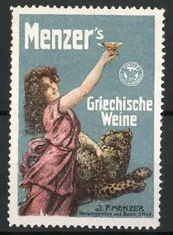 Reklamemarke Menzer's Griechische Weine, J. F. Menzer, Fräulein hebt ein Glas in die Höhe