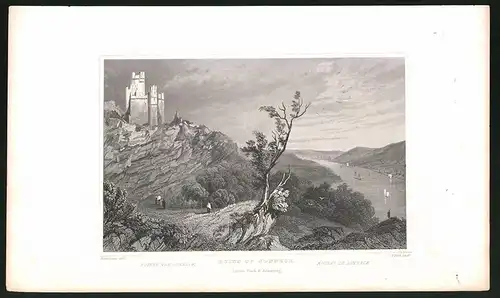 Stahlstich Sonneck, Ruinen über Fluss, Stahlstich von Tombleson um 1840, 15 x 24cm