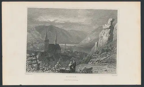 Stahlstich Bingen, Ortsansicht mit Kirche und Ruine, Stahlstich von Tombleson um 1840, 15 x 24cm