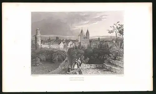 Stahlstich Andernach, Panorama mit Kirche, Stahlstich von Tombleson um 1840, 15 x 24cm