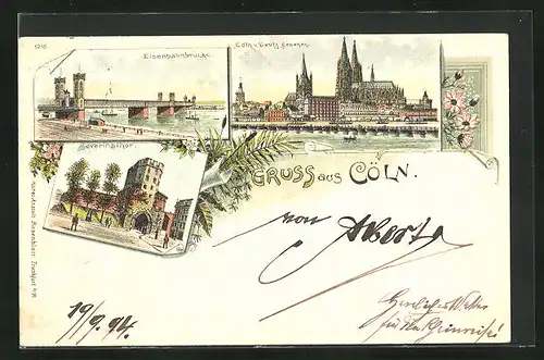 Vorläufer-Lithographie Köln, 1894, Teilansicht v. Deutz gesehen, Eisenbahnbrücke, Severinstor