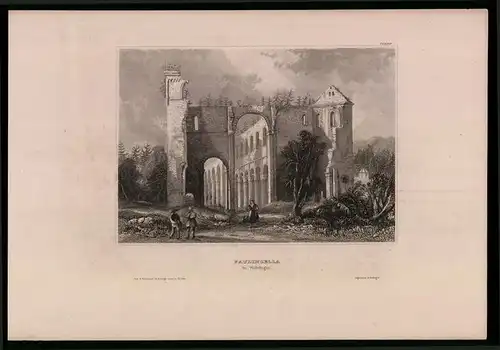 Stahlstich Paulinzella /Thüringen, Ruine mit Torbogen, aus Kunstanstalt des Bibl. Inst. Hildburghausen um 1850