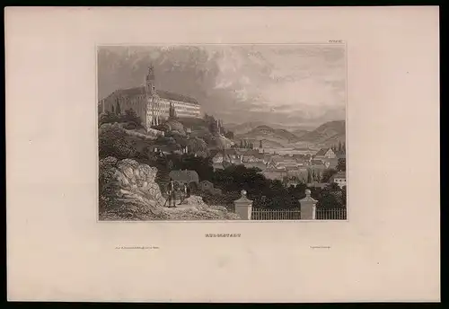 Stahlstich Rudolstadt /Thüringen, Schloss oberhalb Zentrum, aus Kunstanstalt des Bibl. Inst. Hildburghausen um 1850