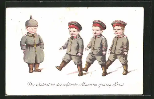 AK Der Soldat ist der schönste Mann im ganzen Staat, Kindersoldaten marschieren in ihrer Uniform