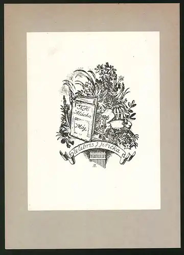 Exlibris J. Jiricka, Buch auf einem Beet mit vielen Blumen