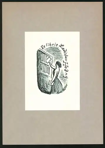 Exlibris Ladislav Hodný, hübsche Frau packt ein Buch ins Regal