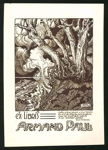 Exlibris von Hubert Dupond für Armand Paul, Baum und nahender Brand