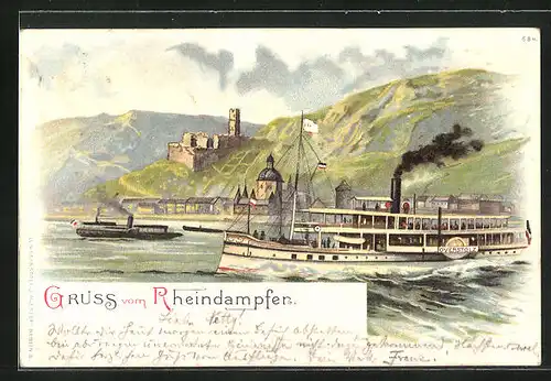 Lithographie Rheindampfer Overstolz mit Blick auf eine Burgruine