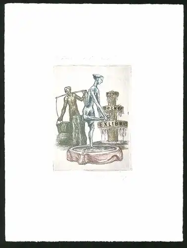 Exlibris von Marlies Pollmeier für Paul Becker, Frau wäscht sich die Füsse im Brunnen