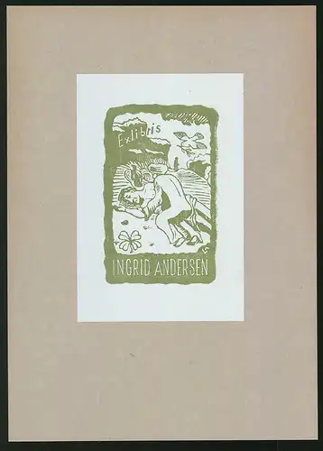 Exlibris Ingrid Andersen, muslimischer Mann hilft einem nackten Mann auf dem Feld