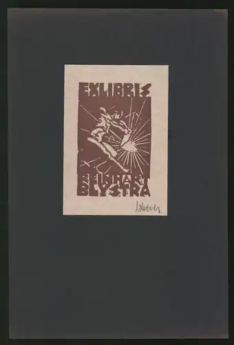 Exlibris Reinhart Blystra, Männerakt spaltet glühendes Metall