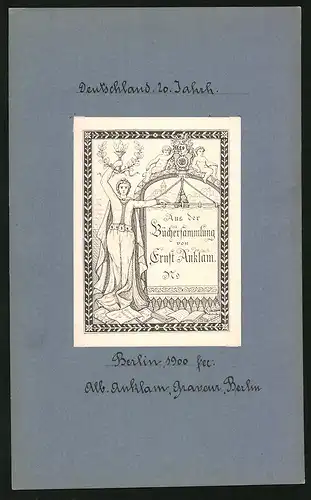 Exlibris Ernst Anklam, Berlin, Sportler mit Olympischer Fackel und Kranz, Engel schauen herab