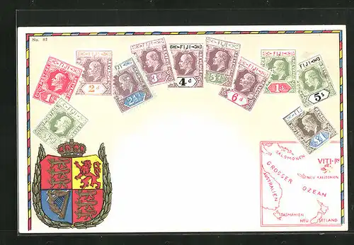 AK Briefmarken und Wappen von den Fiji Inseln, Landkarte